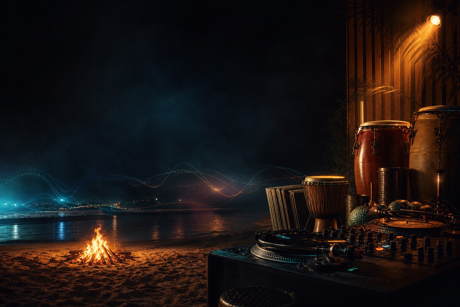 Night seaside beach with bonfire, DJ and Latin percussion atmosphere with stage lights